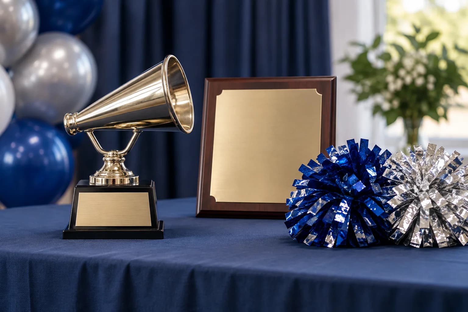 Megaphone trophy and blank plaque beside cheer pom-poms