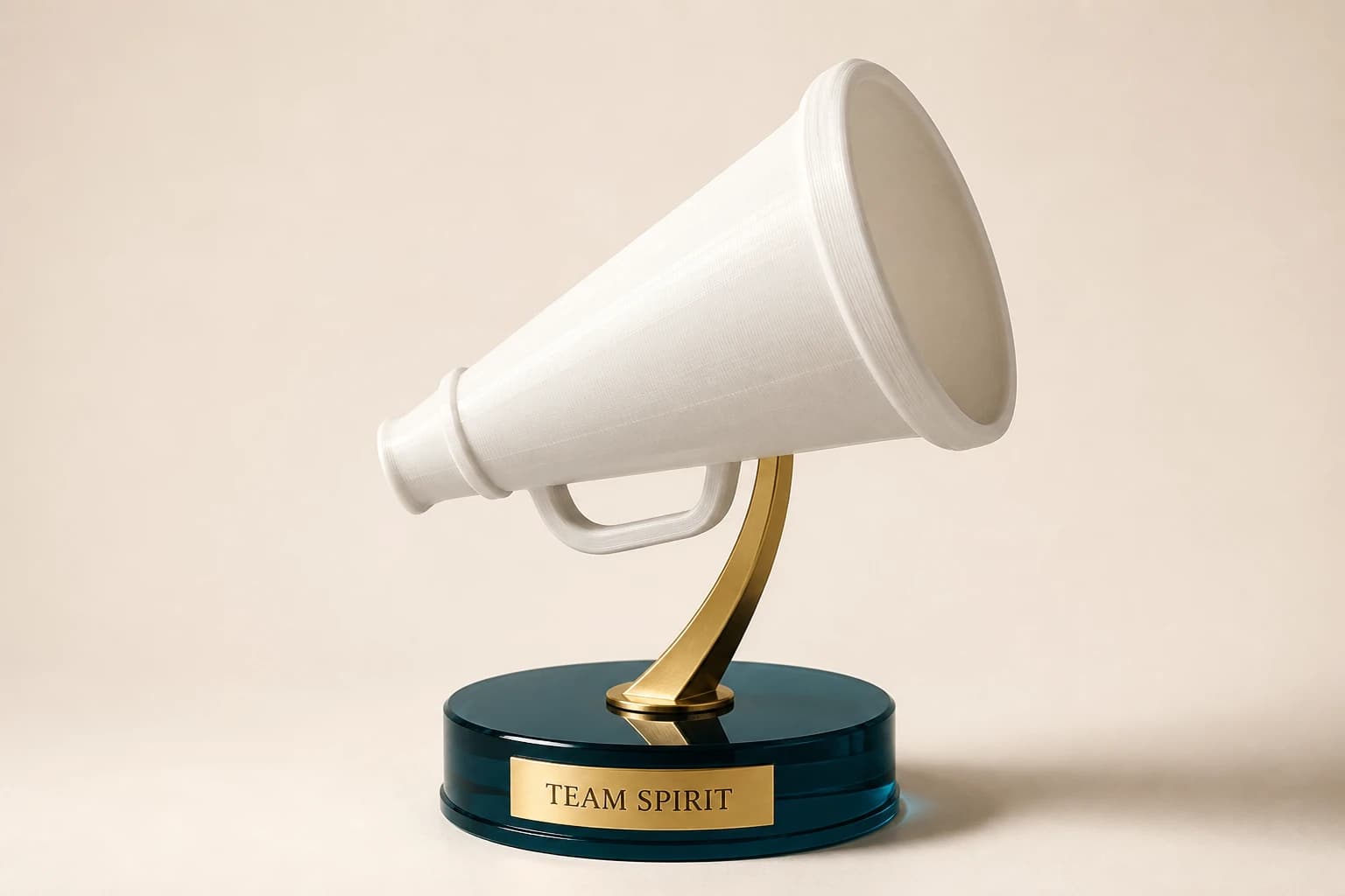 Pearl megaphone trophy raised above a teal acrylic pedestal.