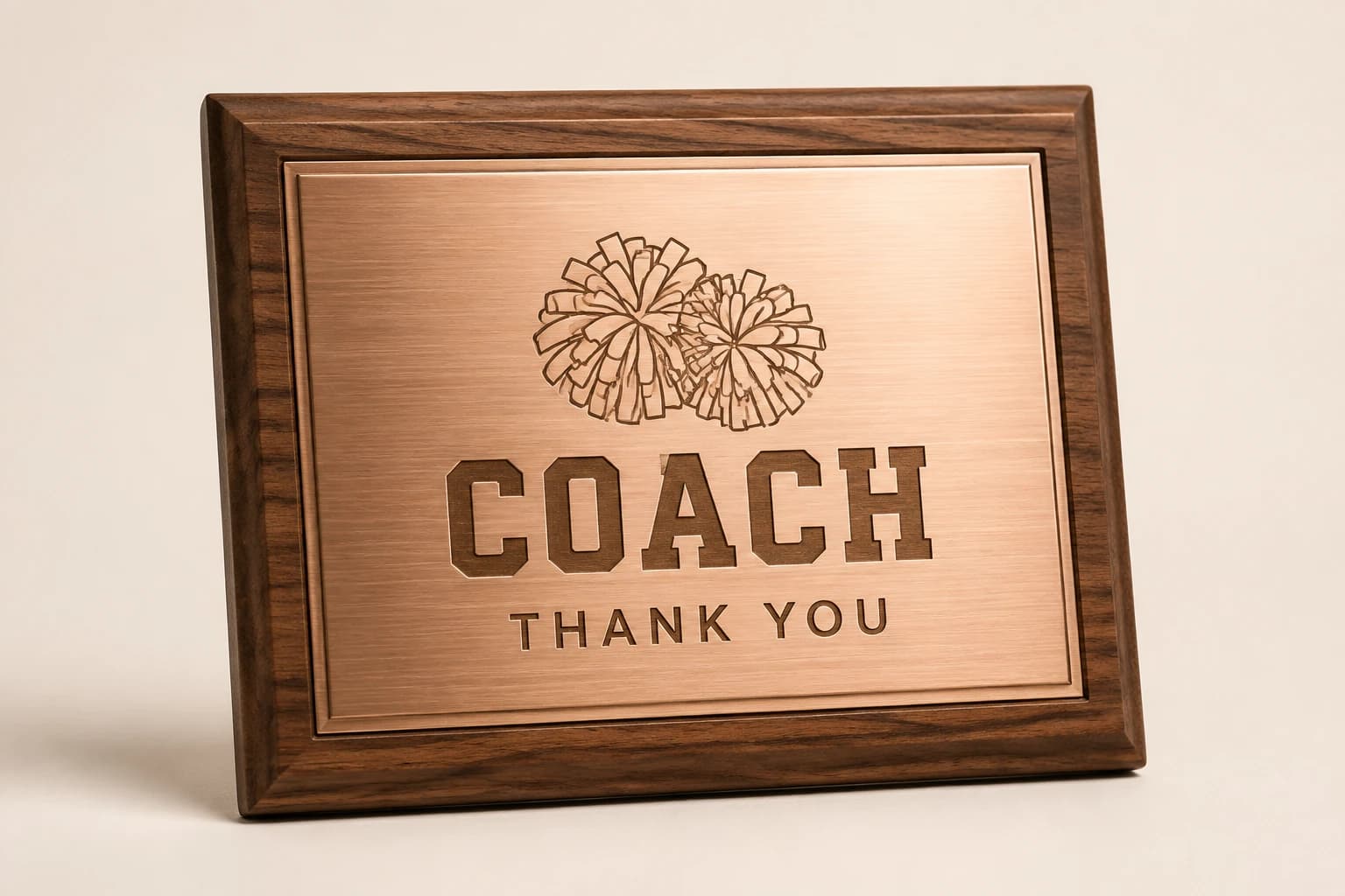 Cheer Coach Appreciation Plaque design concept in wood with engraved plate