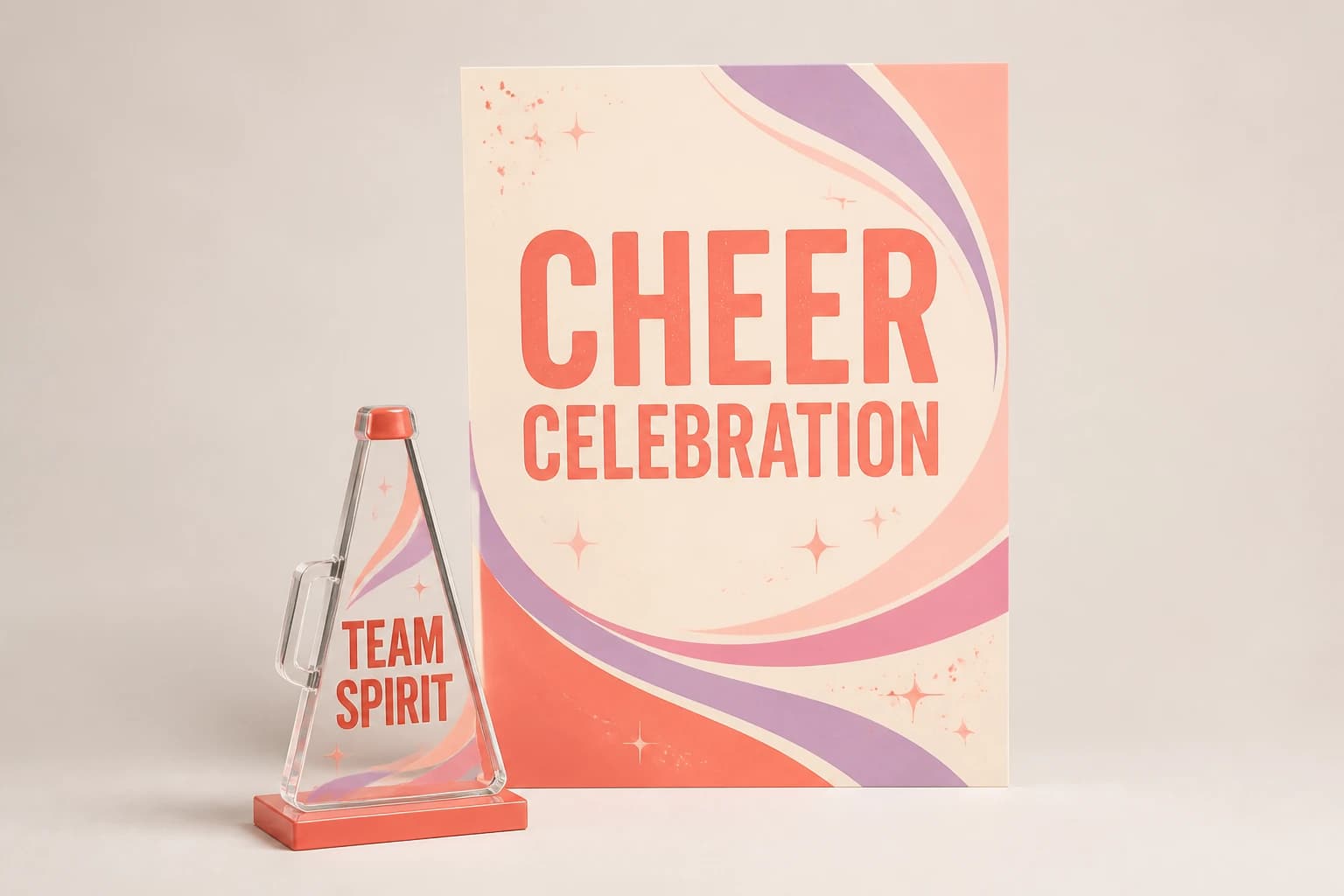 Coral and lavender cheer poster with a matching megaphone award.