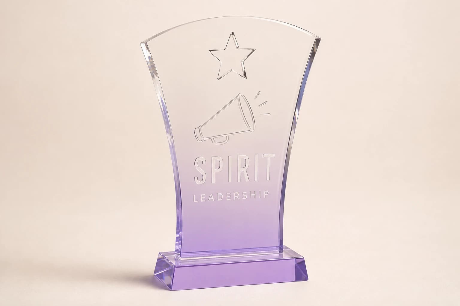 Clear and lavender cheer spirit award with a megaphone detail.