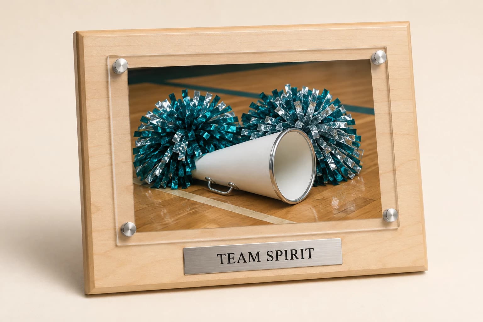 Maple cheer photo plaque with a pom-pom and megaphone image.
