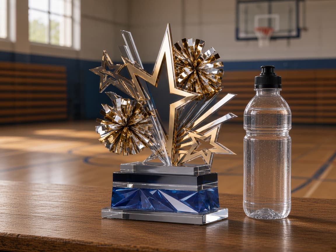 Cheer Championship Trophy design concept beside everyday objects for scale