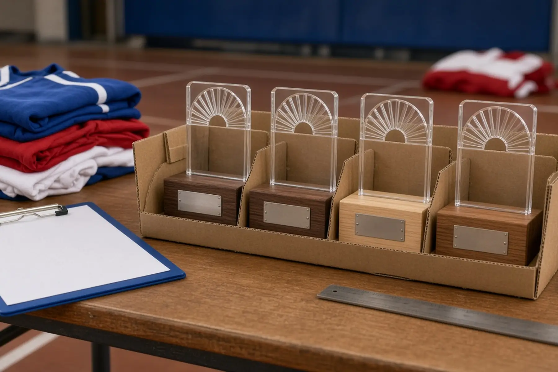 Coordinated order concept: matching Pom Motif Acrylic Award pieces grouped and separated for packing