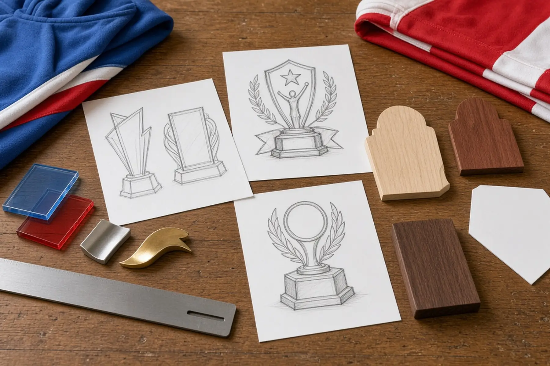 Design planning concept for a Cheer Championship Trophy: sketches, material swatches and a blank sample shape
