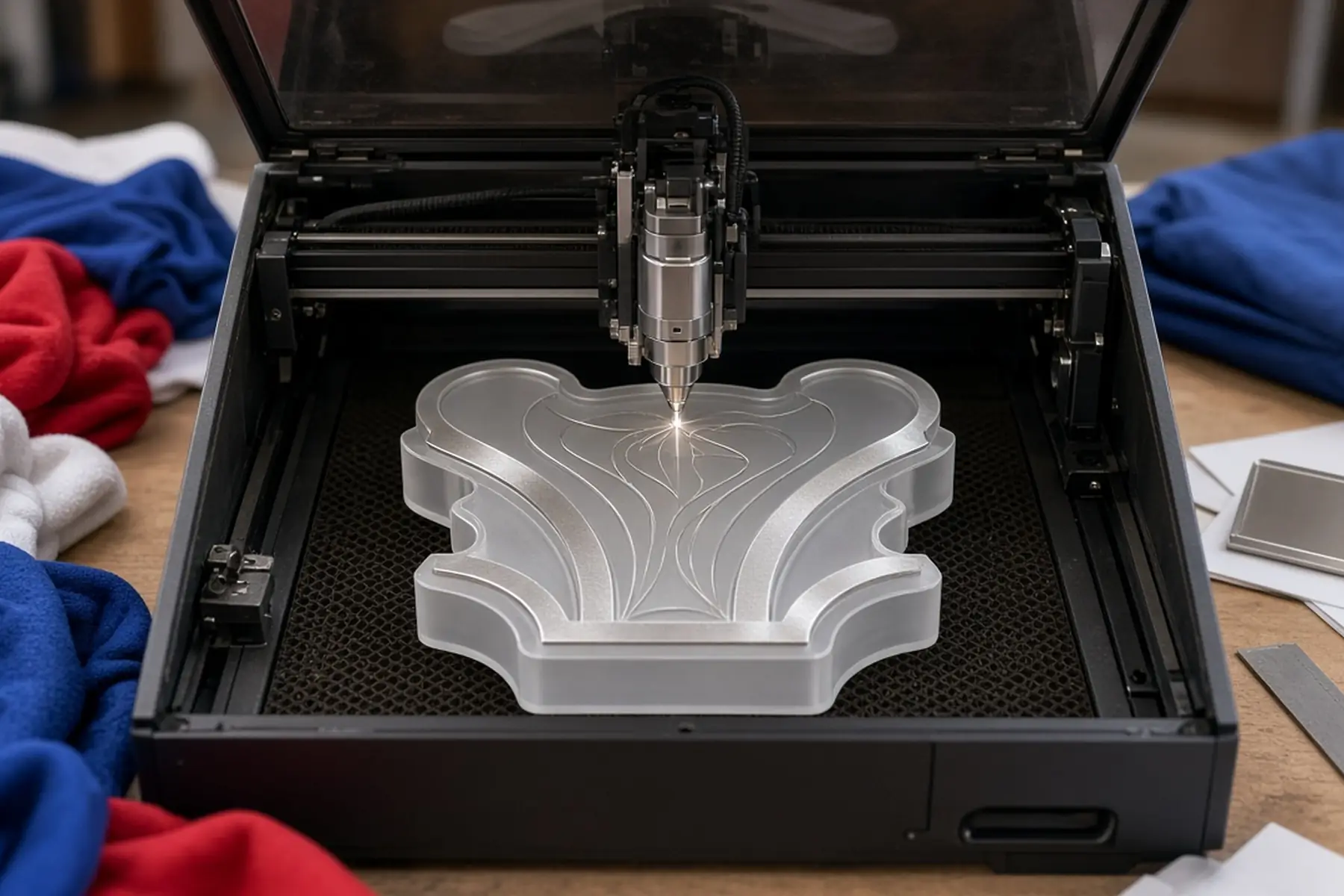 Engraving concept: a blank plate for a Cheer Championship Trophy inside an enclosed marking machine