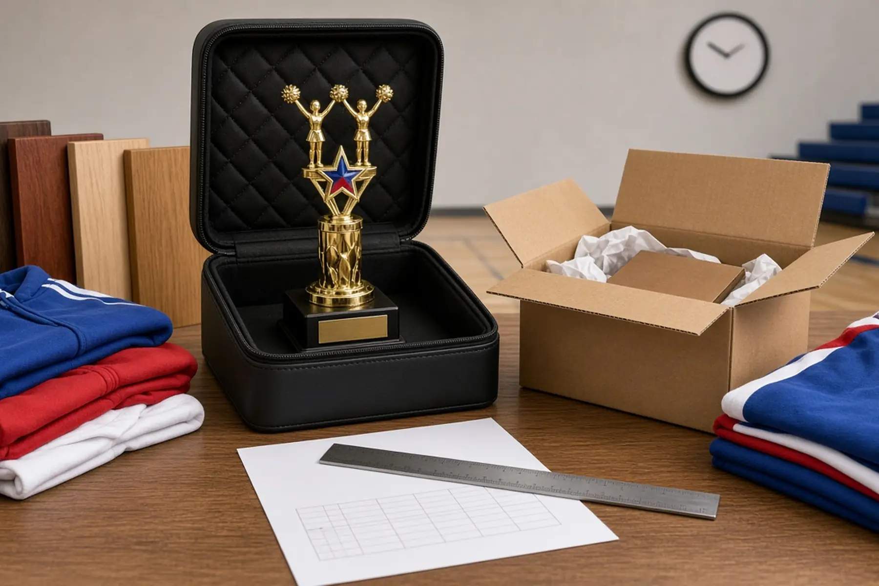 Rush planning concept: a Cheer Competition Trophy, carton and checklist arranged around an arrival date