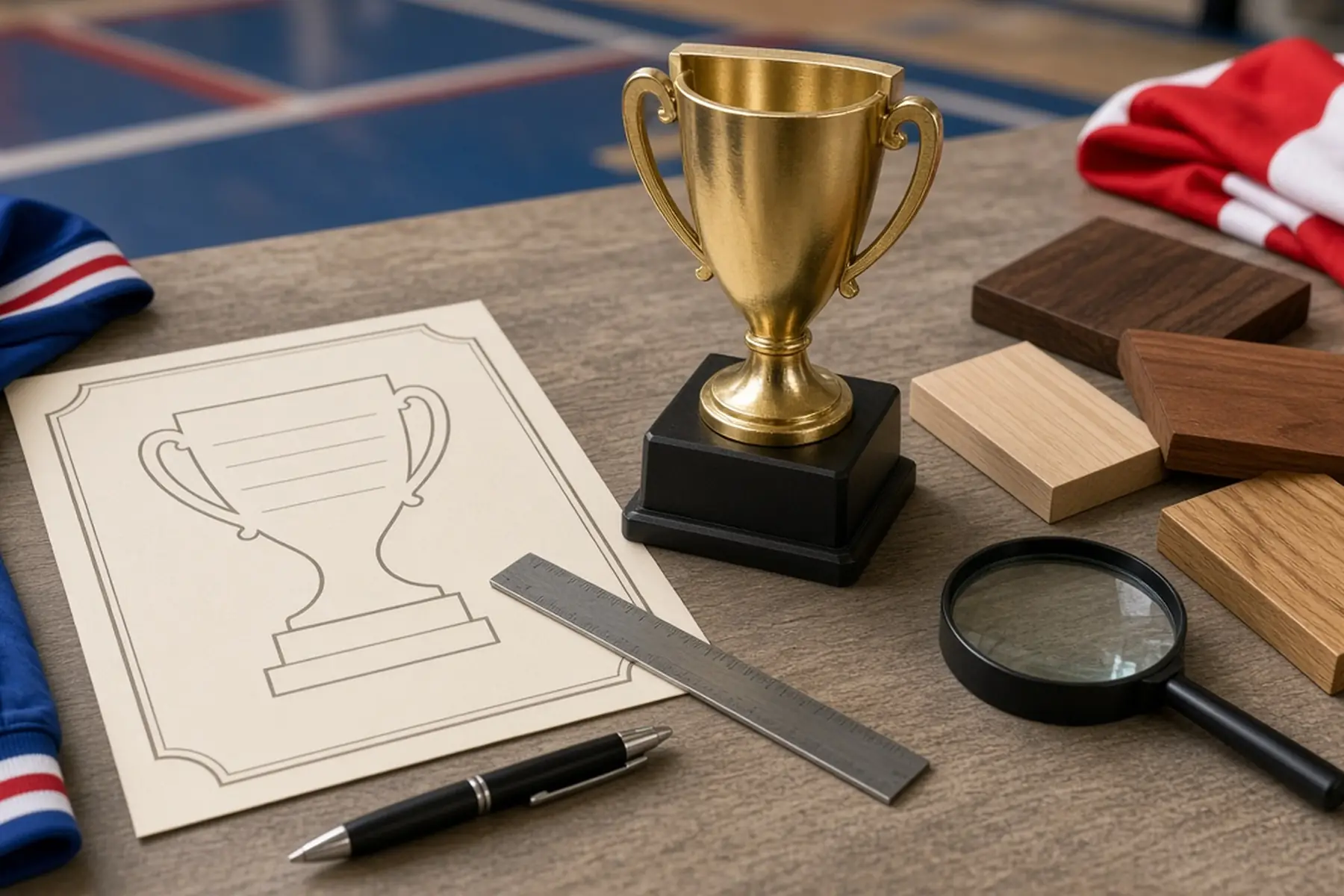 Proof review concept: a full-size layout checked against a blank Cheer Championship Trophy